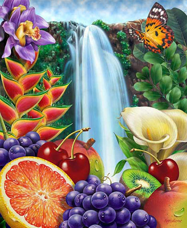 Lori Anzalone Illustration - Nature Illustrator of waterfall with butterflies, orchids, tropical calla lillies, grapefruit, grapes